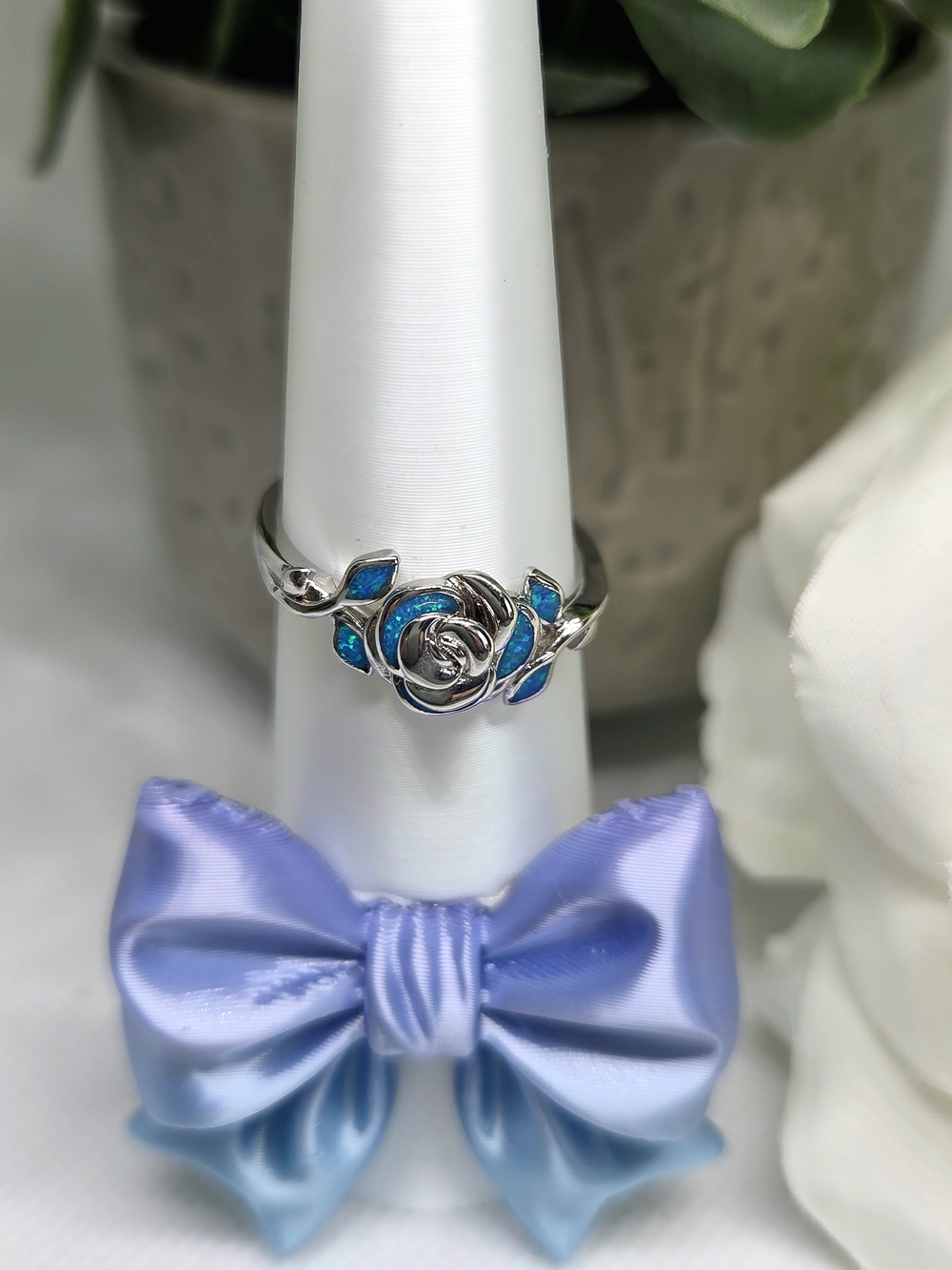 Sterling Silver Blue Opal Rose Motif Ring